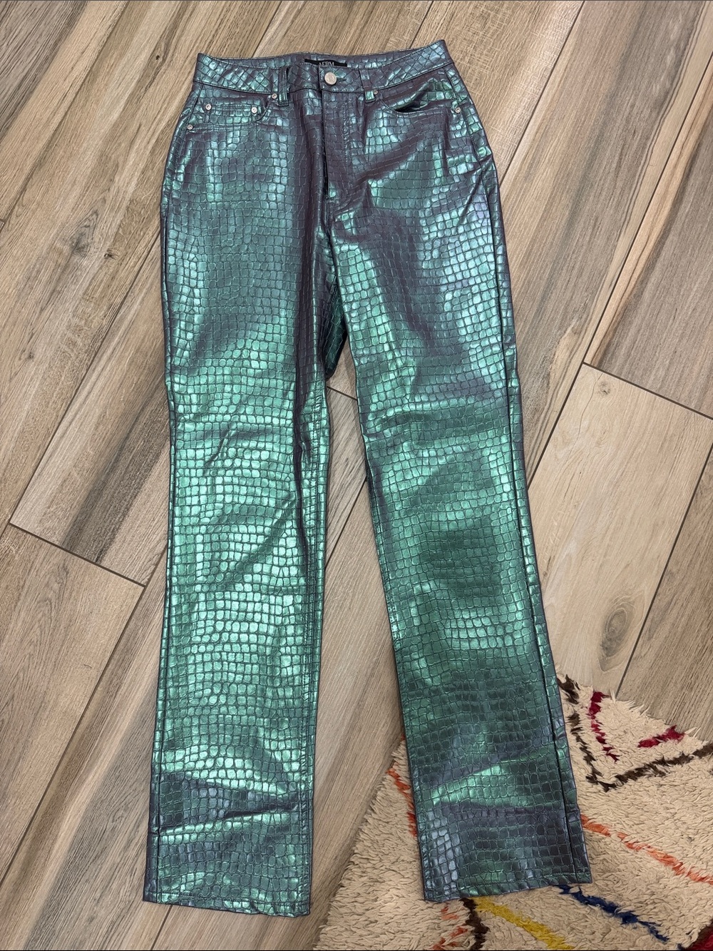 AFRM Metallic Emerald Croc-Embossed Jeans